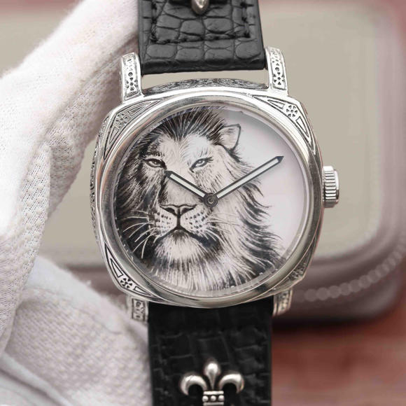N纯银沛纳海百兽之王老虎（狮子）独特而考究新款时计，大师手绘老虎（狮子）图案，男士手表