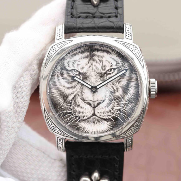N纯银沛纳海百兽之王老虎（狮子）独特而考究新款时计，大师手绘老虎（狮子）图案，男士手表