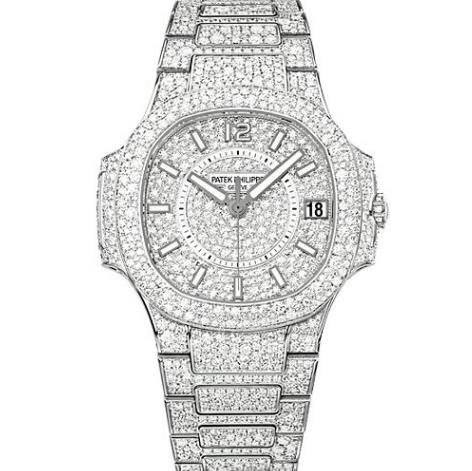 DM百达翡丽鹦鹉螺运动系列7021腕表，镀18K金+手工镶嵌南非钻，精钢表带  自动机械中性手表