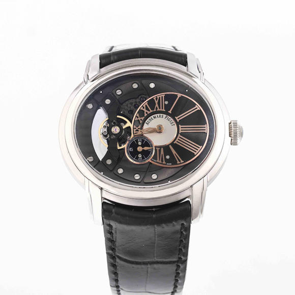 V9爱彼千禧系列15350款白金镶钻男装腕表，皮表带 自动机械手表
