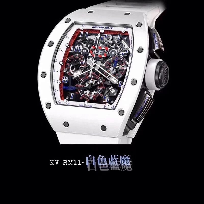 KV厂手表理查德RM-011白色陶瓷限量款韩国进口陶瓷表壳男士腕表，橡胶表带，自动机械机芯，透底