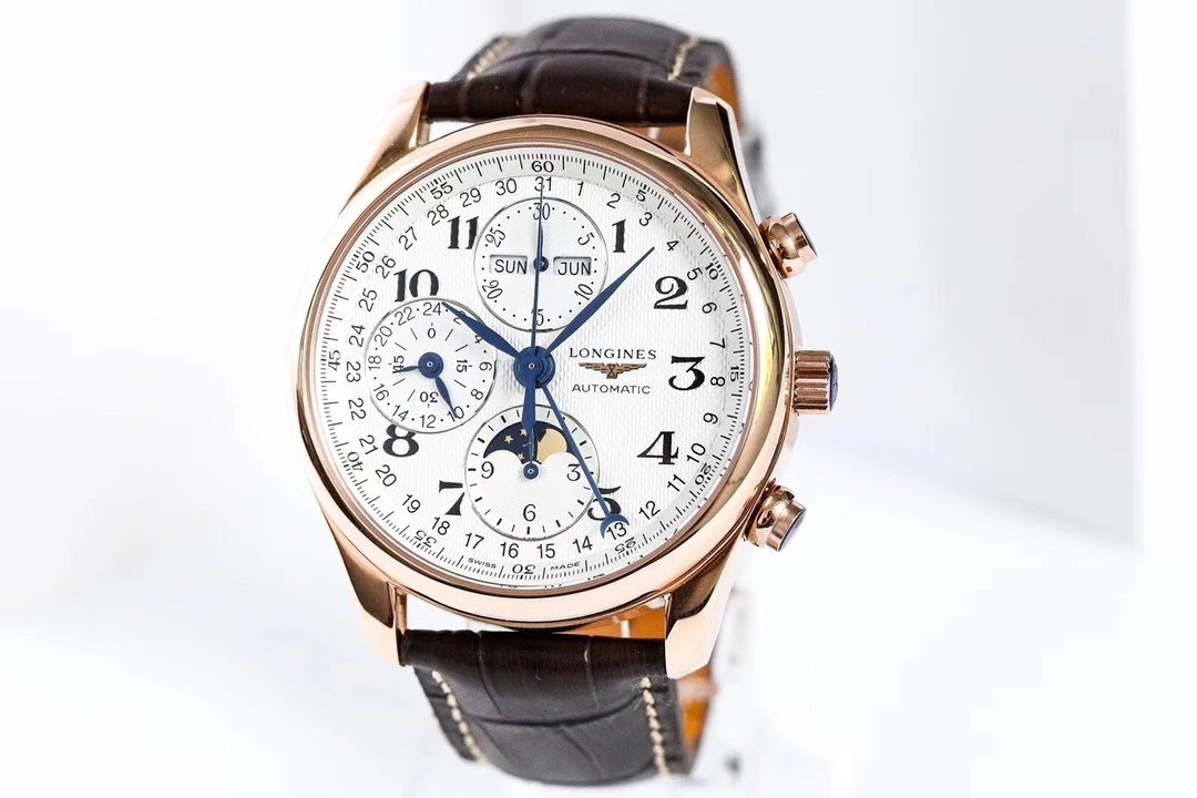 台湾厂TW浪琴名匠月相八针玫瑰金白面皮带机械手表